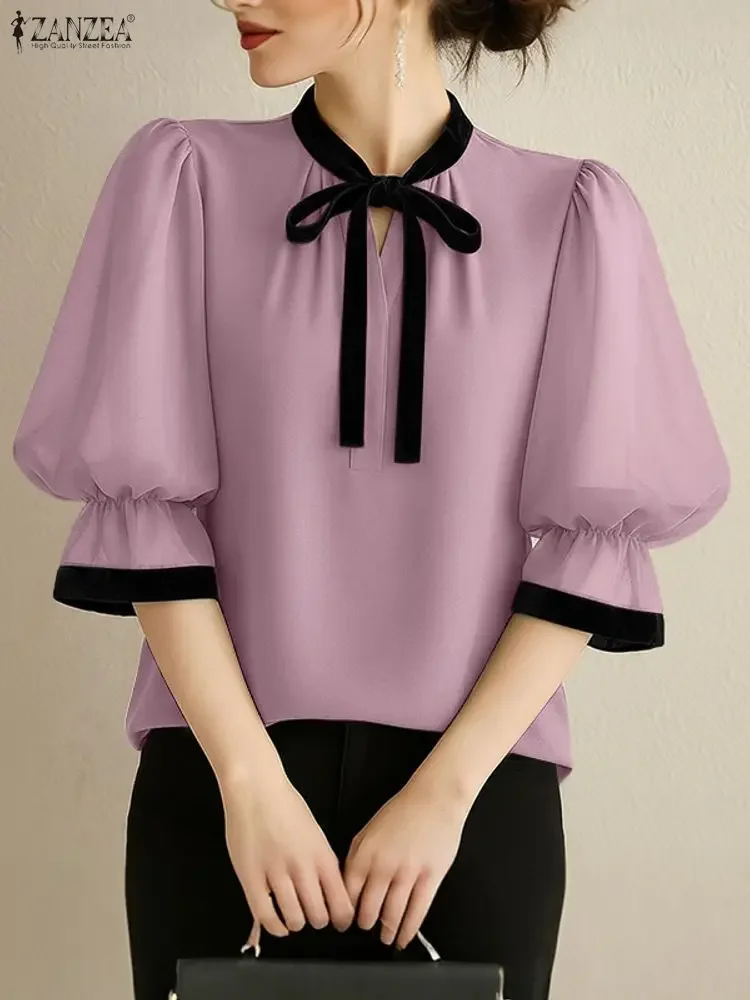 ZANZEA 우아한 여성 OL 작업 블라우스 여름 오피스 셔츠 세련된 튜닉 3/4 러플 슬리브 패치워크 블라우스 캐주얼 레이스업 탑