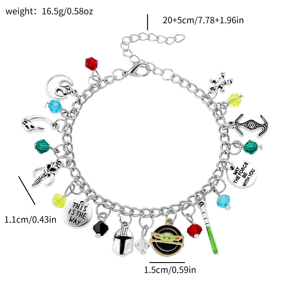 Star Wars Fan Jewelry the Mandalorian Inspired Charm Bracelet with Grogu Mythosaur Skull And Lightsaber Details Sci-Fi Accessory - view 6