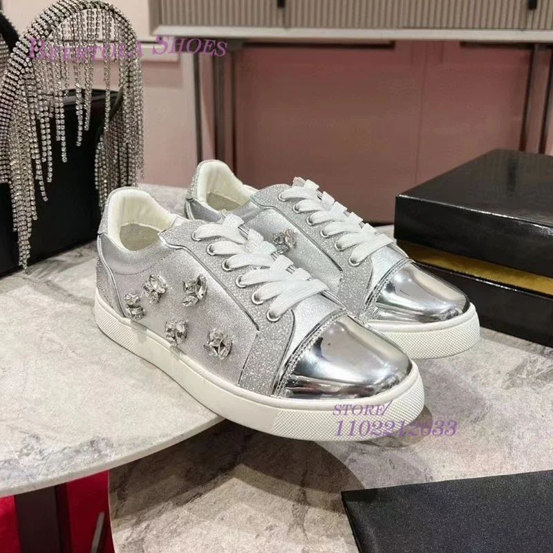 Gold Leather Sneakers Jeweled Strap Women Glitter Flat Casual Men White Sports Lace Loafers Spring Mules Round Sequin Bling Shoe