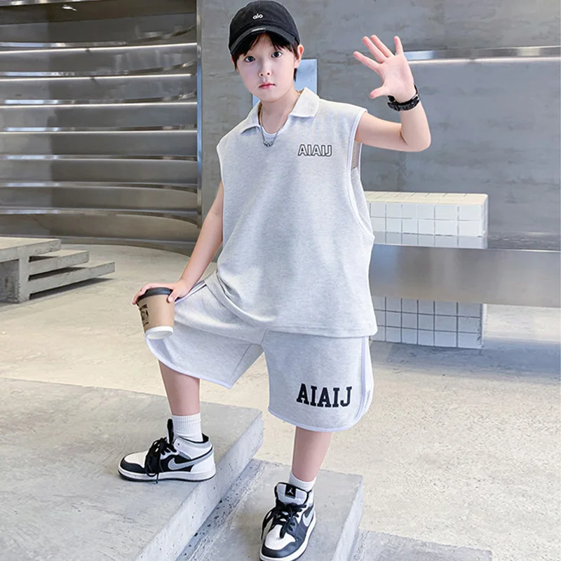 Boys Clothing Set American Style Children Vintage Vest Casual Sport Loose Pullover Sleeveless T-shirt Top Shorts Two-piece Set
