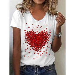 2023 Summer New Retro Women's T-shirt Red Heart Fashion 3D Printing Short-sleeved Casual Street Sports O Collar Ladies Shirt