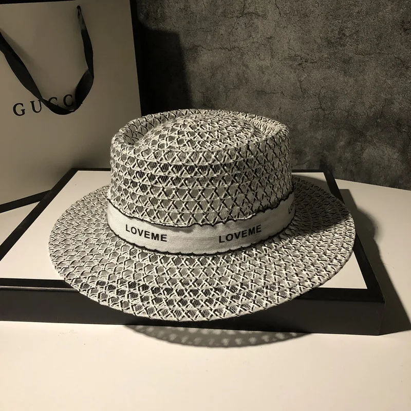 Hat Female Summer Hollow White Beach Vacation Shading Fashion Hat Flat Top Straw Hat Fashion Big Brim Sun Hats for Women