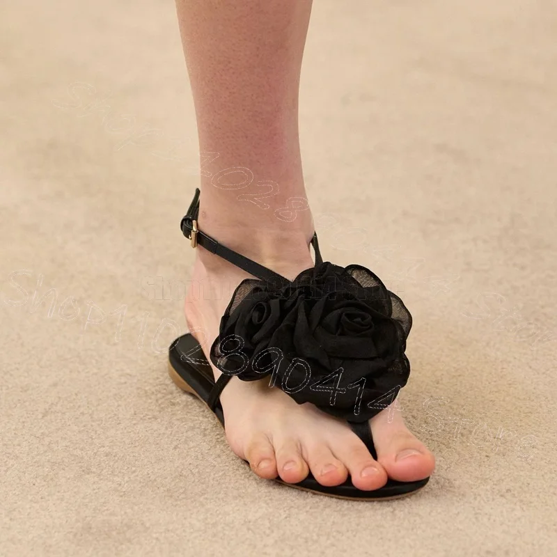 

Black Mesh Appliques Flip Flop Runway Sandals Buckle Strap Women Shoes Low Top Fashion Party Banquet 2025 Zapatos Para Mujere