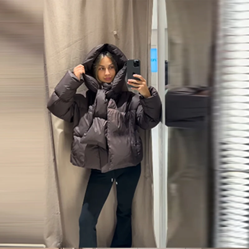 Women Fashion Detachable Hood Short Cotton Jackets Long Sleeved Brown Warm Thick Coat 2025 Winter New Lady High Street Outwear