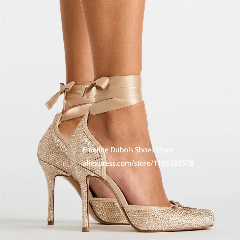 

Rhinestone Ballet High Heels Pumps Bowknot Ankle Cross Strap Stiletto Women Elegant Shoes for Wedding Party Prom Plus Size