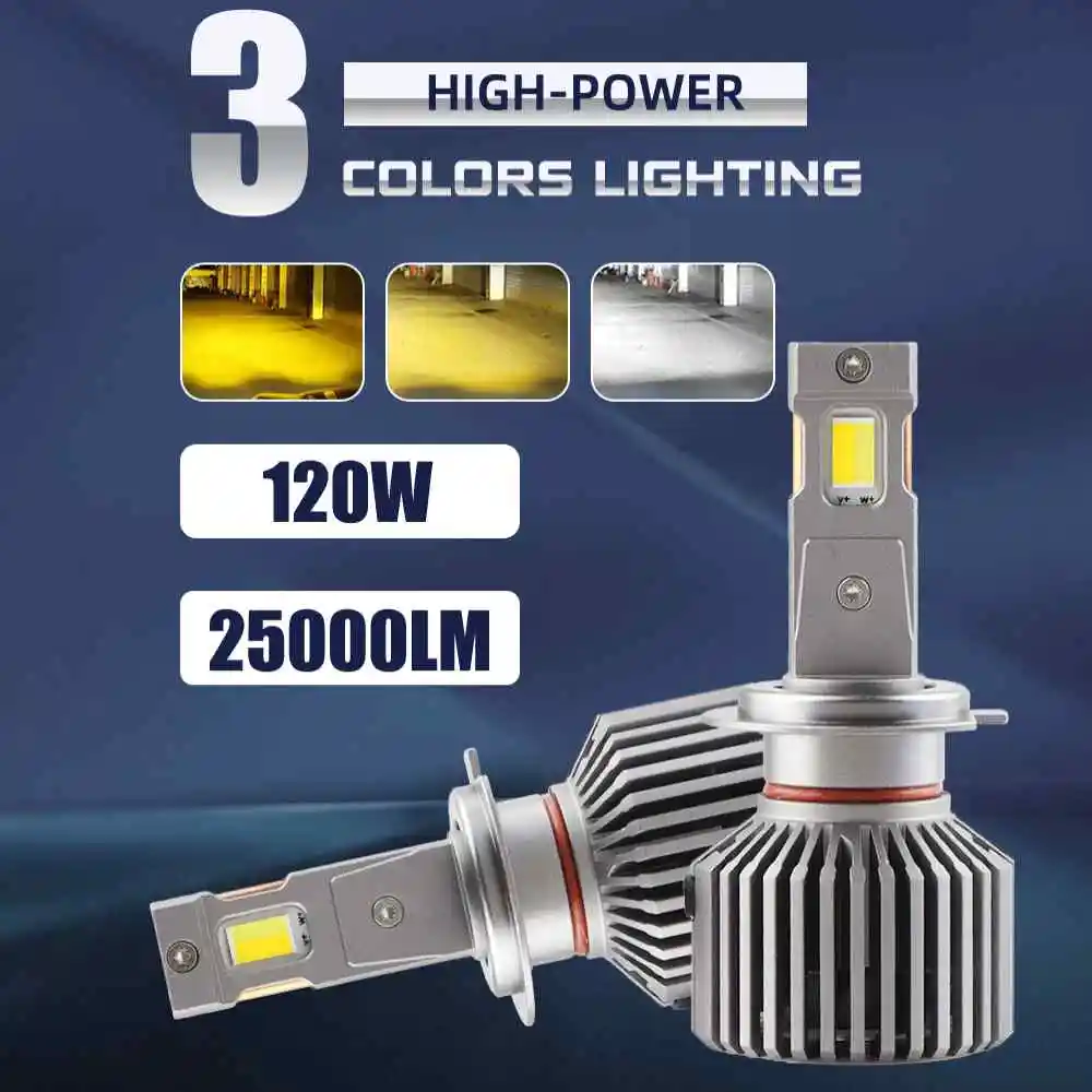 2Pcs H4 H7 H11 3 Colors Car LED Headlight Bulb 120W 25000LM 12V Auto LED Fog Lamp 3000K 4300K 6500K Fog Lights Yellow White