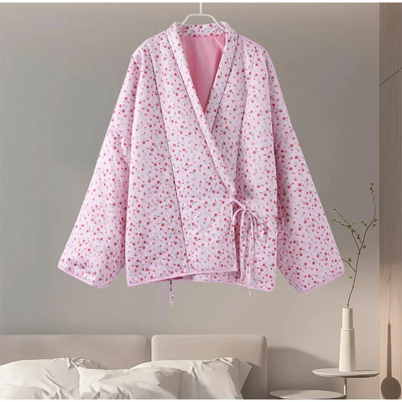 الأزهار المطبوعة المرأة سترة لطيف الدانتيل يصل الوردي المرأة معطف عادية فضفاض الخريف المعاطف الدافئة موضة جديدة السيدات معاطف ملابس خارجية