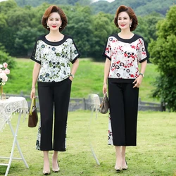 Spliced T-shirt+long pants Summer set Women's fashion casual set Short sleeved classic top 2024 Plus size Women's pants