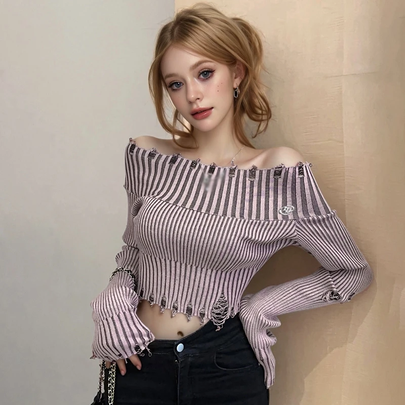 Off Shoulder Knitted Women's Sweater Expose Navel Slim Fit Sexy Spring Autumn Long Sleeves Sweater Hole Decor Solid Colour Top