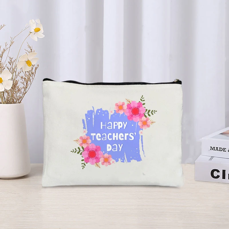 World Teacher's Day Pattern Makeup Bag for Women Best Gift for Teacher Graduation Gift Pencil Case School Travel Lipstick Bags