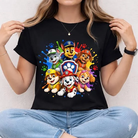 Paw Patrol Printed T-shirt Women's Short Sleeved Casual T-shirt Cartoon Dog Pattern Top Birthday Party Matching Family T-shirt