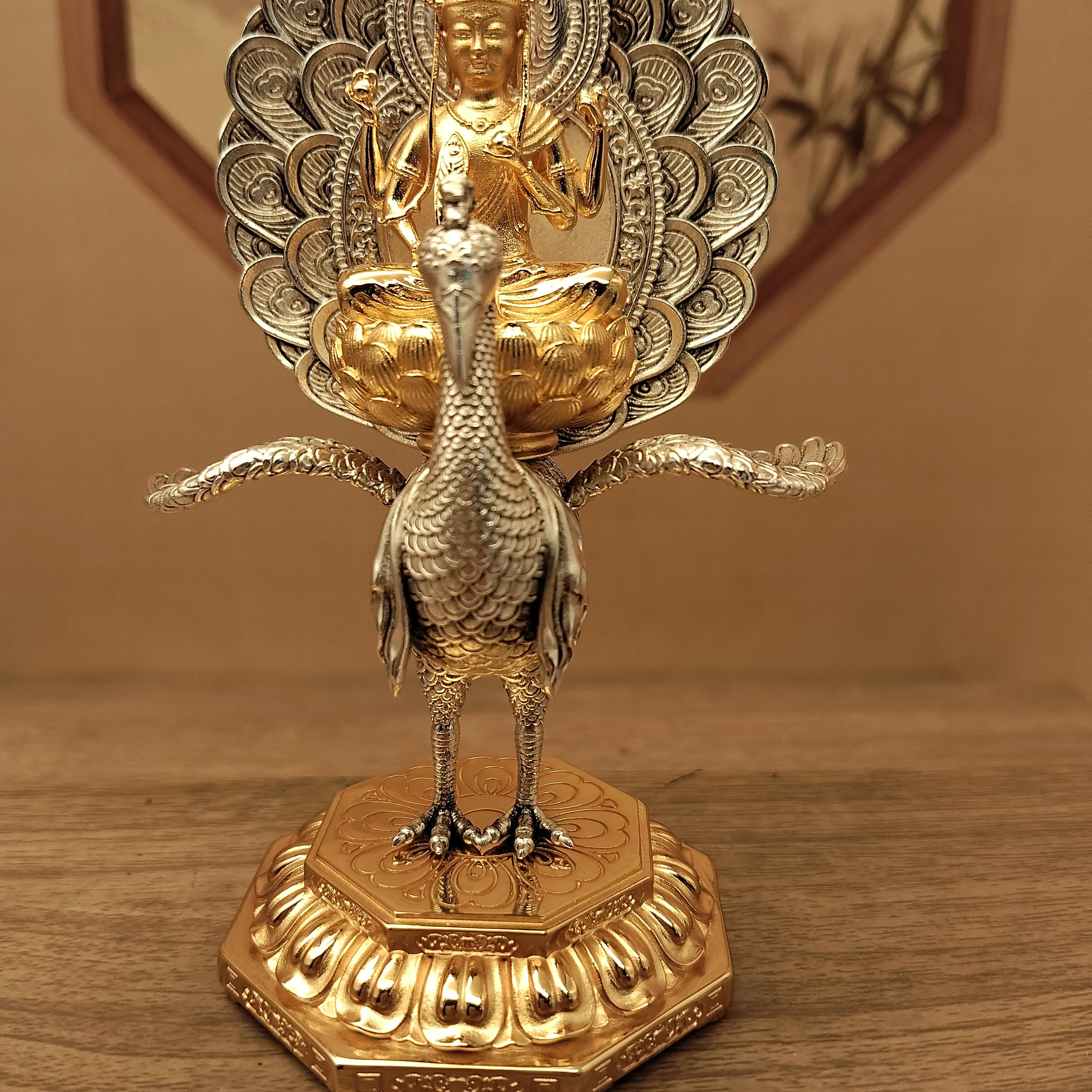 Tibetan Vajrayana Gold-Silver Plated Thai Style Peacock King Mahamayuri Statue 12cm Home Altar Blessing