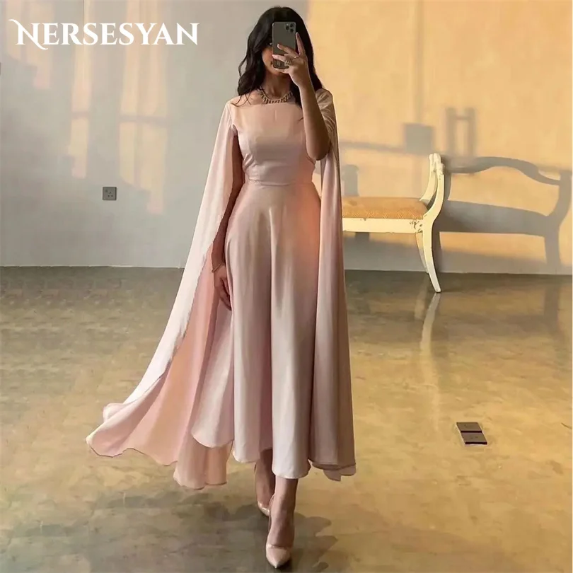 

Nersesyan Elegant Pink Satin Evening Dresses A Line Tea Length Pleats Graduation Party Dress Square Collar Vestidos De Fiesta