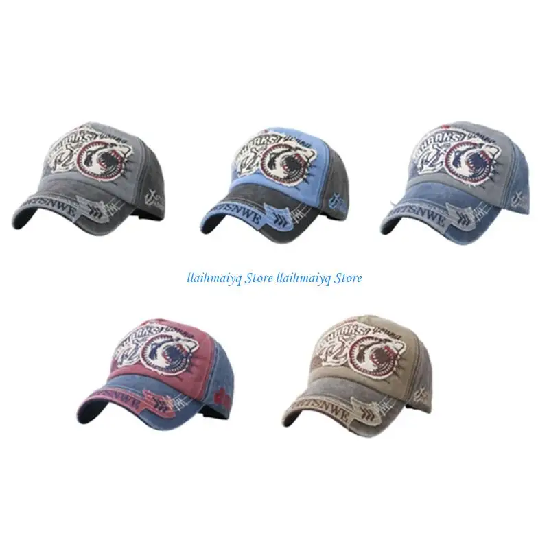 

573B Stylish Distressed Jeans Shark Embroidery Baseball Cap Adjustable Size Unisex
