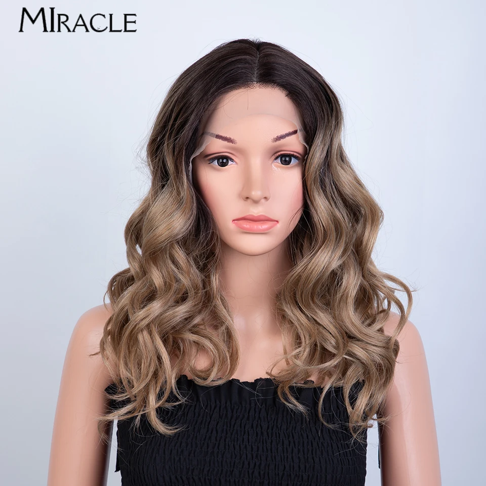 MIRACLE Loose Wave Synthetic Lace Wig for Women Wavy Lace Front Wigs Cosplay Daily Use Ombre Blonde Wigs Short Wavy Hair