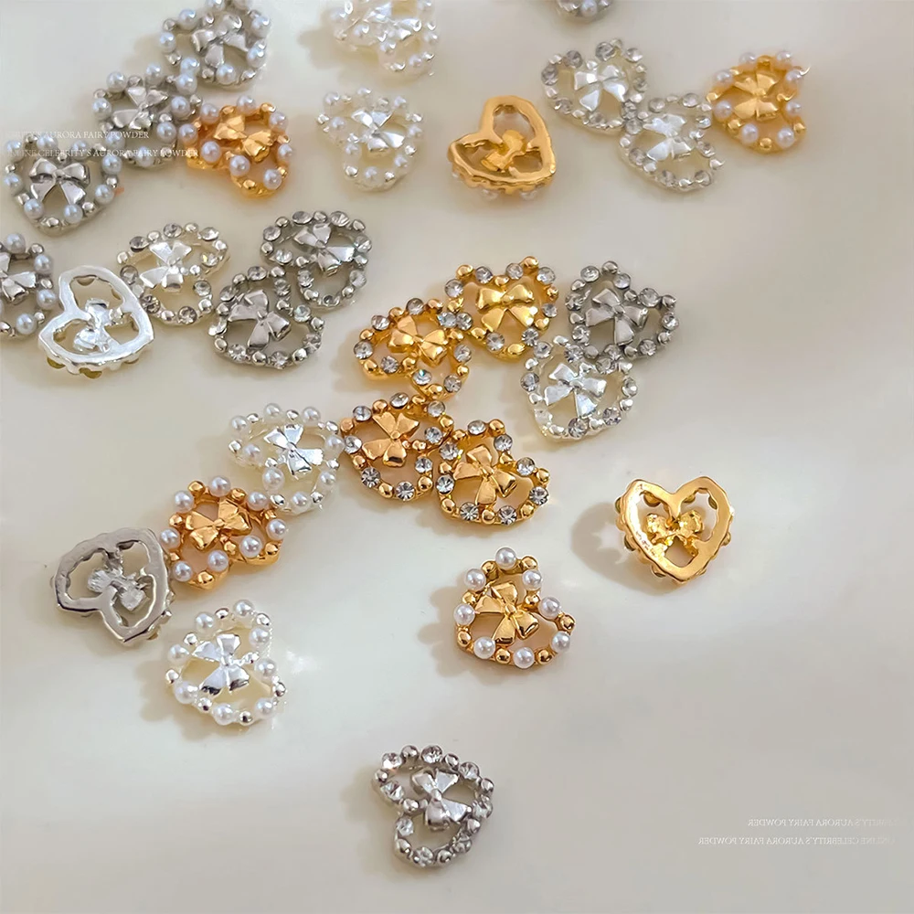 5 個パール合金ちょう結びネイルチャームゴールドシルバーラブハート弓ラインストーンマニキュアアクセサリー Y2K ジュエリーネイルアートデコレーション