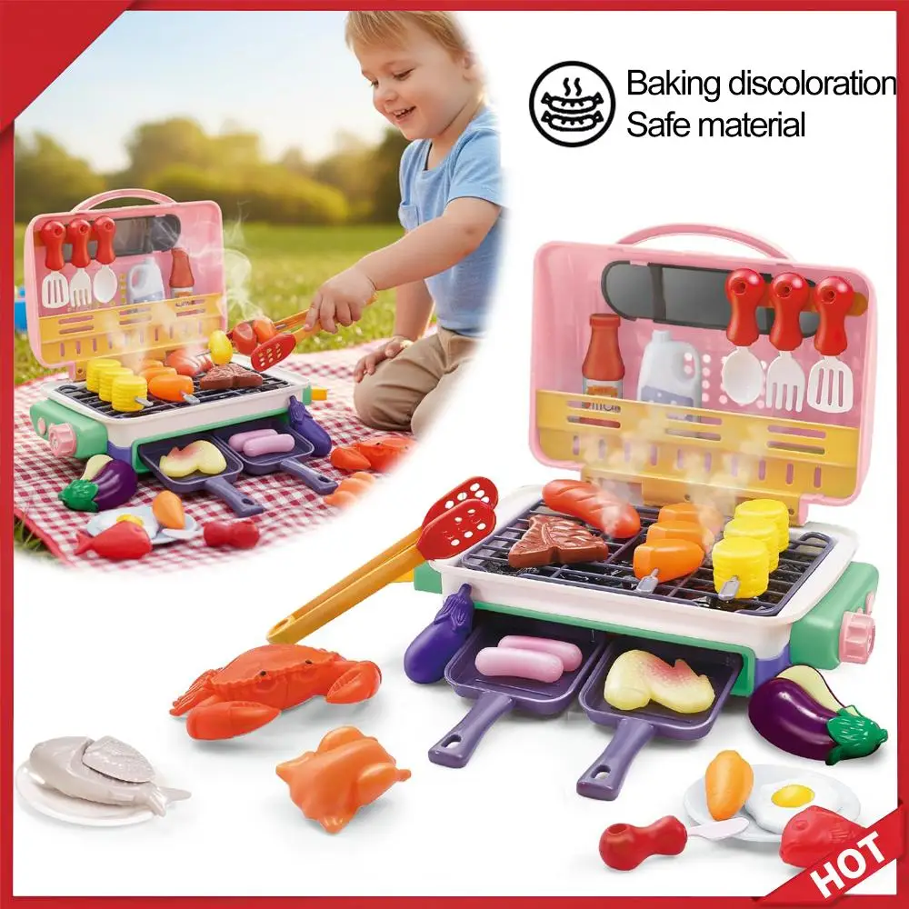 연기, 빛, 소리 및 색상이 변하는 음식이 포함된 어린이용 바베큐 그릴 플레이 세트 바베큐 장난감 유아용 놀이 주방 액세서리 3-5세