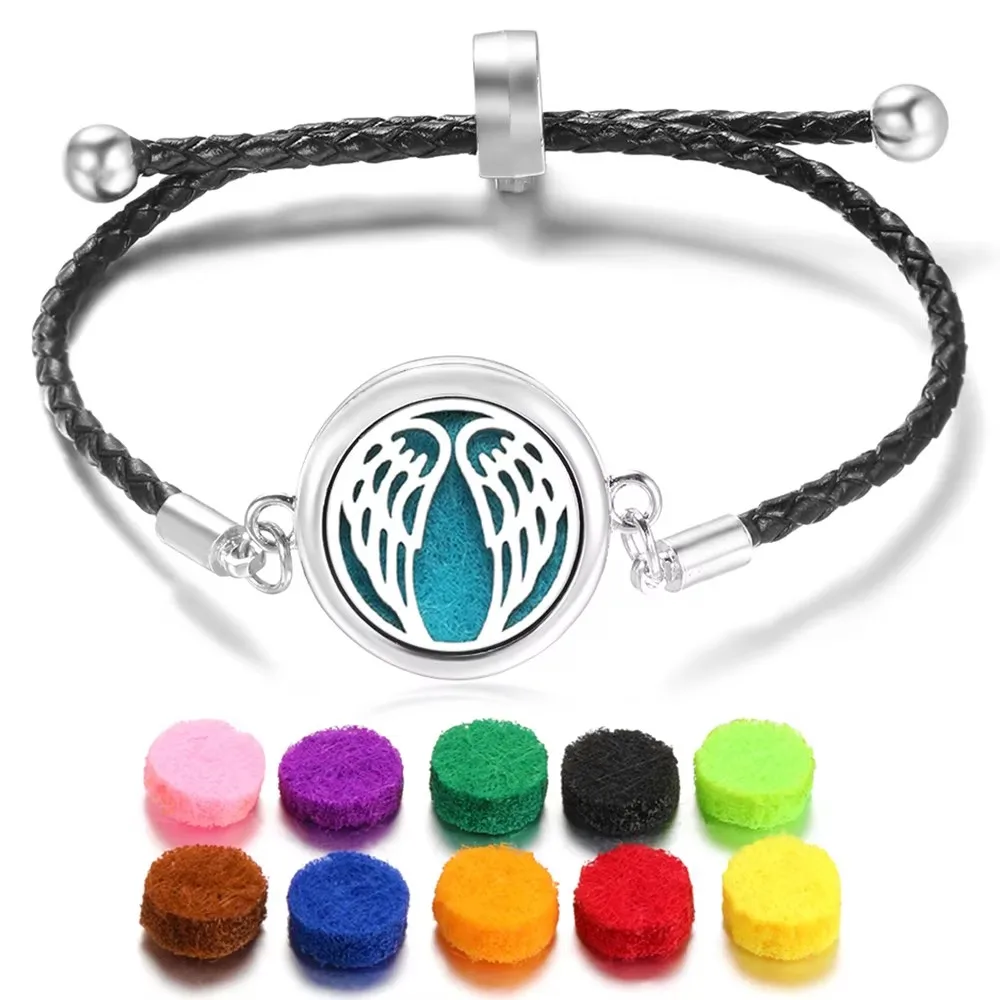 

New Angel Wings Aromatherapy Essential Oil Diffuser Bracelet Stainless Steel Adjustable Black Leather Lockets Perfume Bracelet