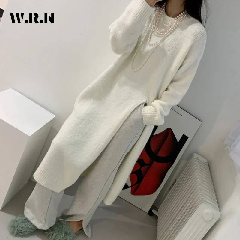 2024 Winter Elegant Sexy White O-neck  Long White Split Pullovers Women Chic Coquette Solid Color Oversized Knitted Dresses