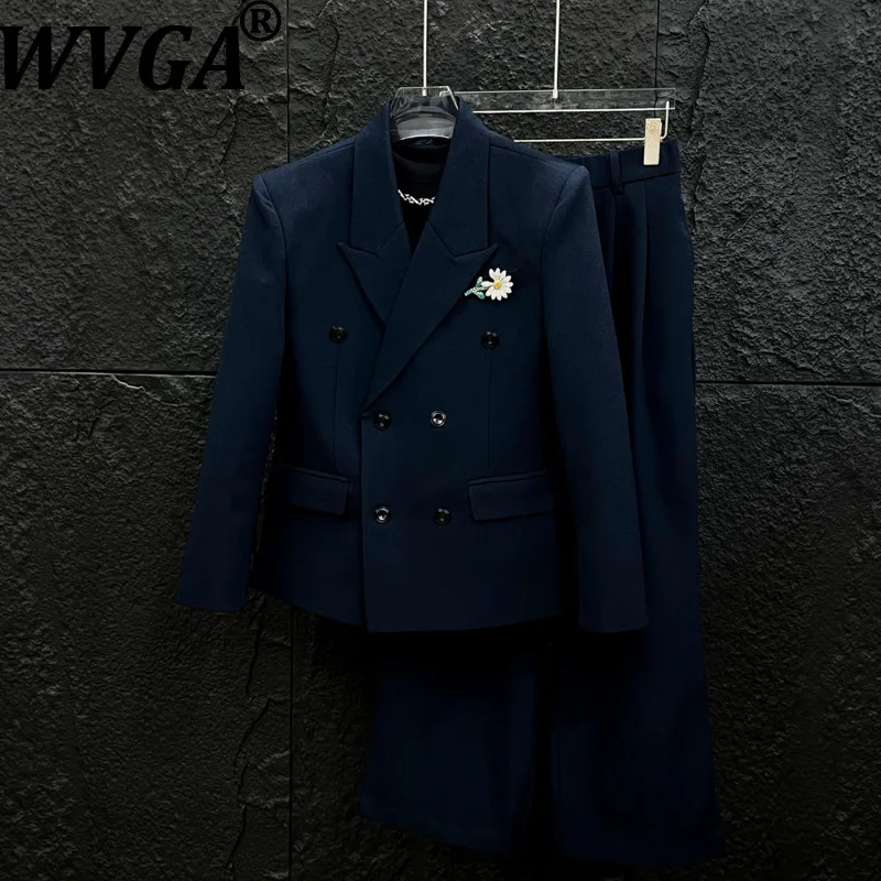 

WVGA Spring Autumn New Man Tide High-end Double-breasted Trendy Brooch Blazers Niche Chic Casual Straight Suit Pants Sets W20844