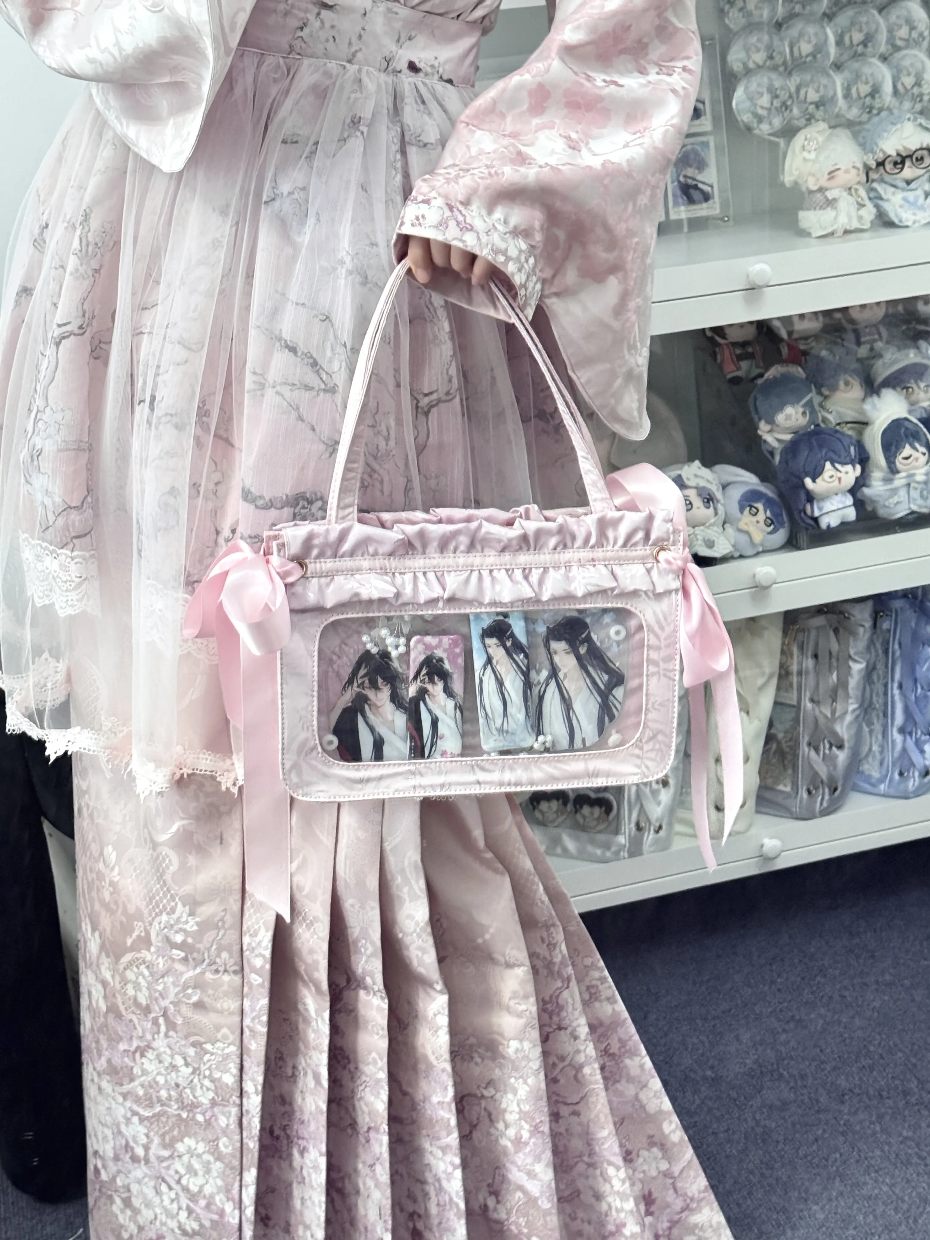 Ancient Chinese Style Ruffle Itabag Polyester Transparent Window Bags Hanfu Match Ita Bag with Tassel Anime Pin Badge Display