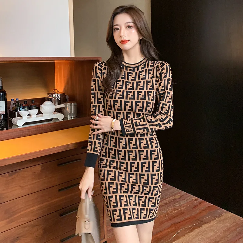 

Autumn Winter Women's French Style Round Neck Long Sleeve Jacquard Knitted Short Skirt Female Sexy Slim Fit Hip Wrap Dress