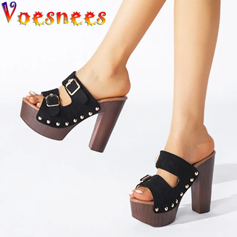 High Heels Sandals Women Outdoors Sexy Thick Platform Slippers 2022 New Rivet Pumps Summer Plus Size Suede Buckle Strap Shoes