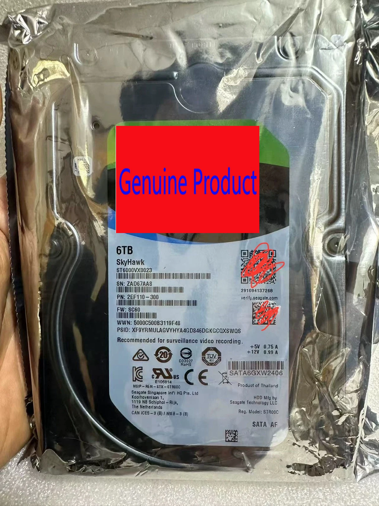 NEW SkyHawk ST6000VX0023 6TB Hard Drive Internal SATA SATA/600 256MB
