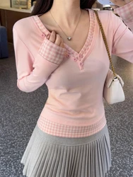 Pink V-neck Fake Two Long-sleeved T-shirts Women Spring New Slim Plaid Stitch Tops Korean Design Casual Underwear Clothes 2025