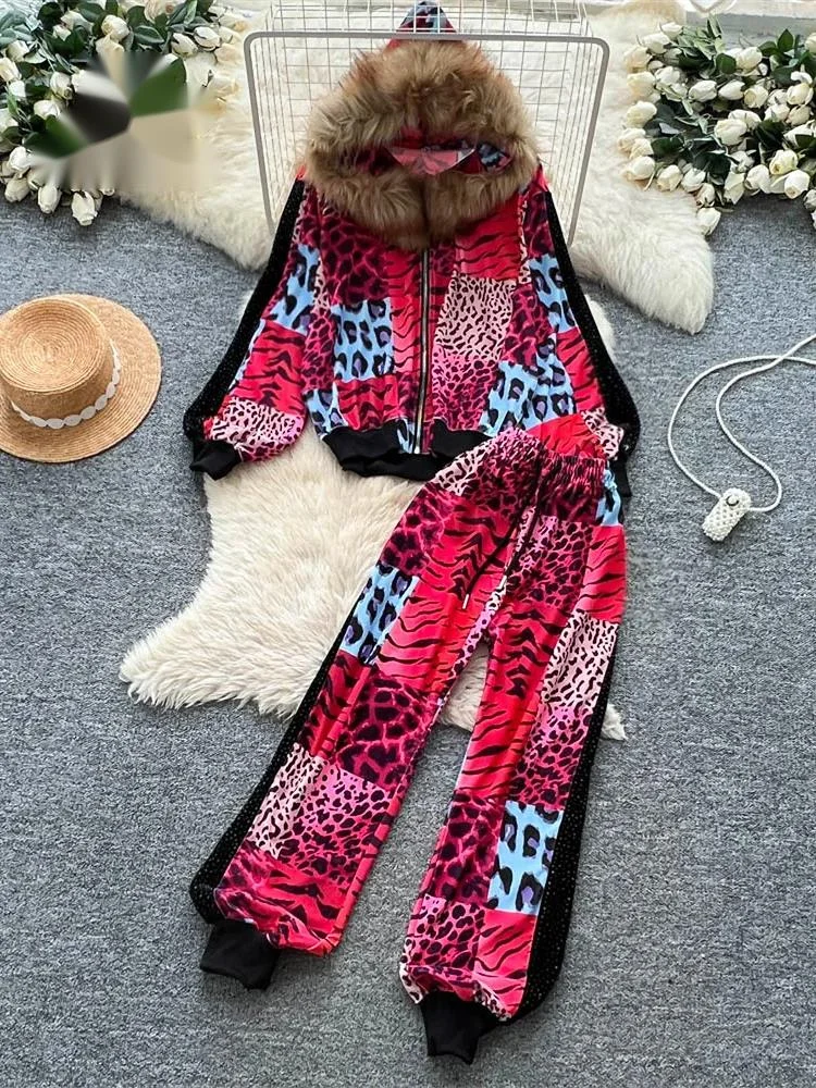 

HIgh Quality Autumn Diamond Print Suits Women Loose Hooded Jakets+Elastic Long Pants Fur Collar Leopard Fashion Suits
