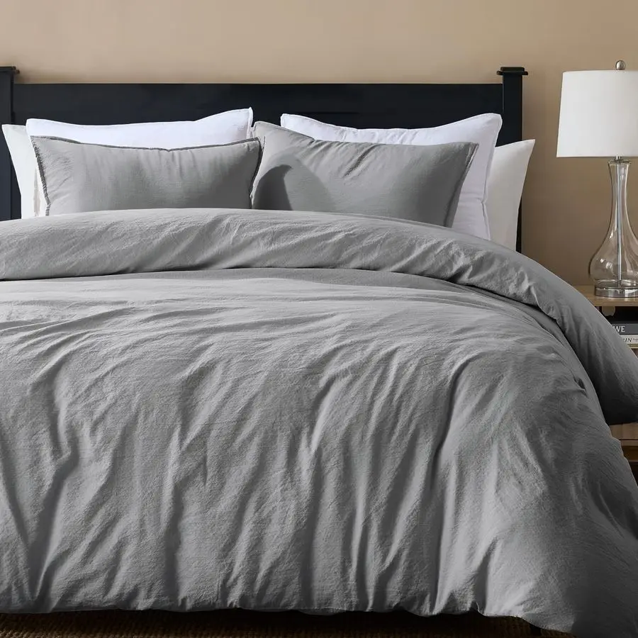 

Серый комплект постельного белья размера Queen с жаккардовым узором и застежкой-молнией, современное мягкое полосатое белье с эффектом стирки, текстурированное, похожее на сирсакер, как хлопок