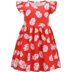 Lilo Dress Women Girl Red Long Dress with Leaf Printed Summer Beach Hawaiian Clothing