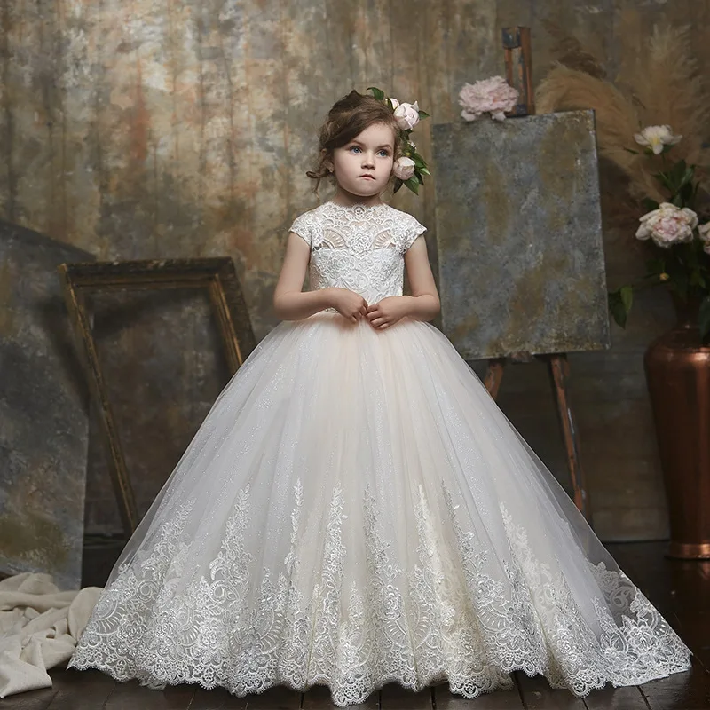 

Puffy Flower Girl Dresses For Weddings Ball Gown Cap Sleeves Tulle Appliques Tutu Long First Communion Dresses Little Girl