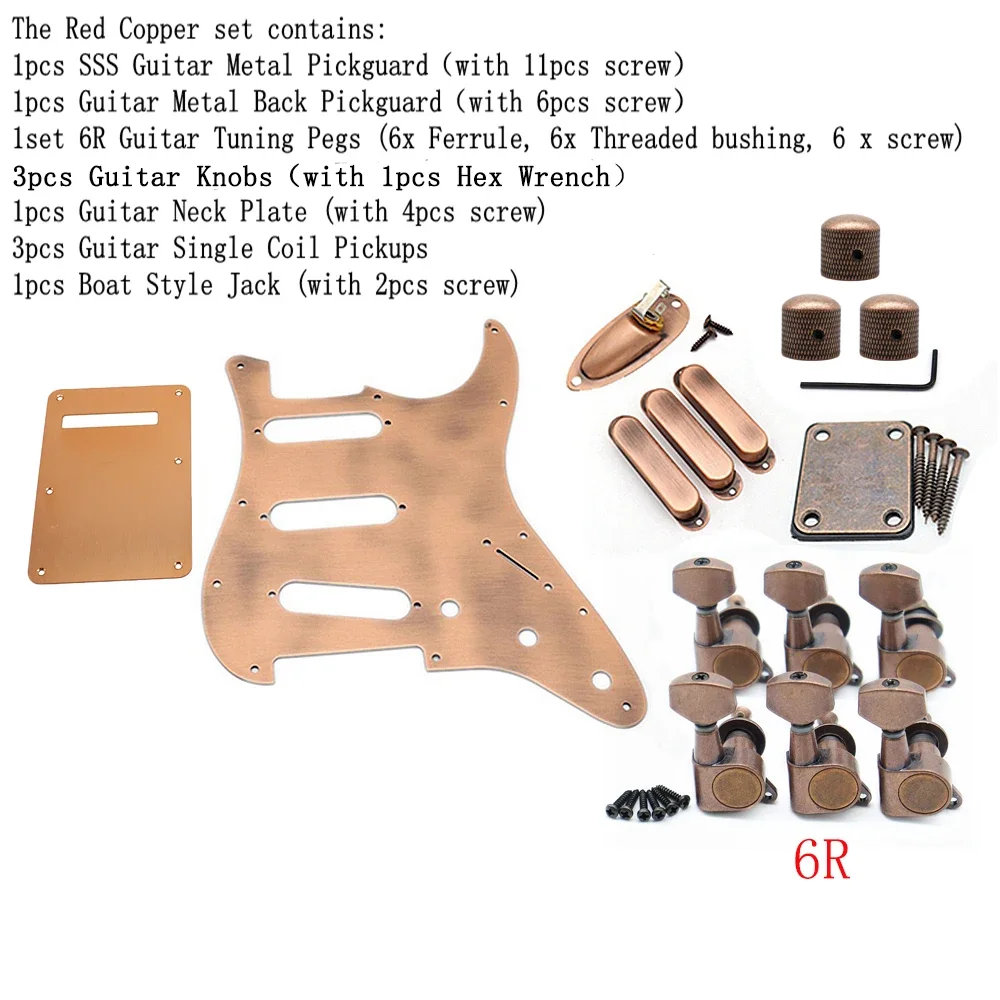 

Sets Complete Loaded Red Copper Pickguard SSS 11Hole with Knobs Tuners Jack Accessories with Screw for Guitar