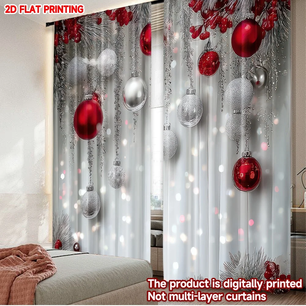 2D-Flachdruck, 2 Stück, Frohe Weihnachten, Party-Vorhänge, Weihnachten, rote und silberne Ornamente, digital bedruckte Polyester-Vorhänge, Party &