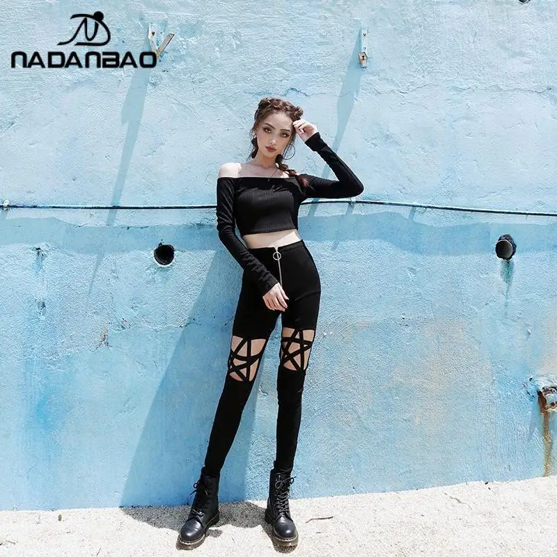 Nadanbao Uitgehold Broek Goth Sexy Pentagram Y 2K Harajuku Grunge Zwart Hoge Taille Elastische Broek Punk Rits Broek