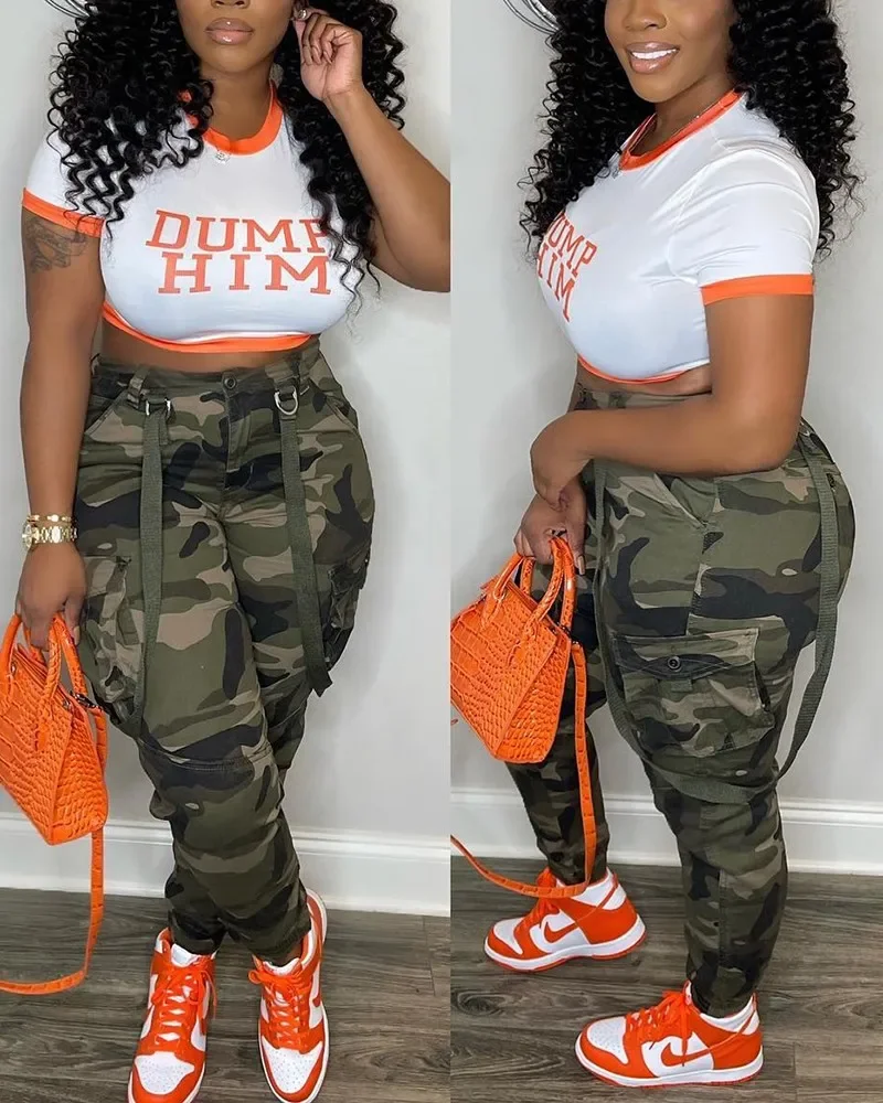 Szkzk Camouflage Printed Cargo Pants For Women Trouser High Waist Overalls With Pockets Party Night Club Outfits Sexy Long Pants