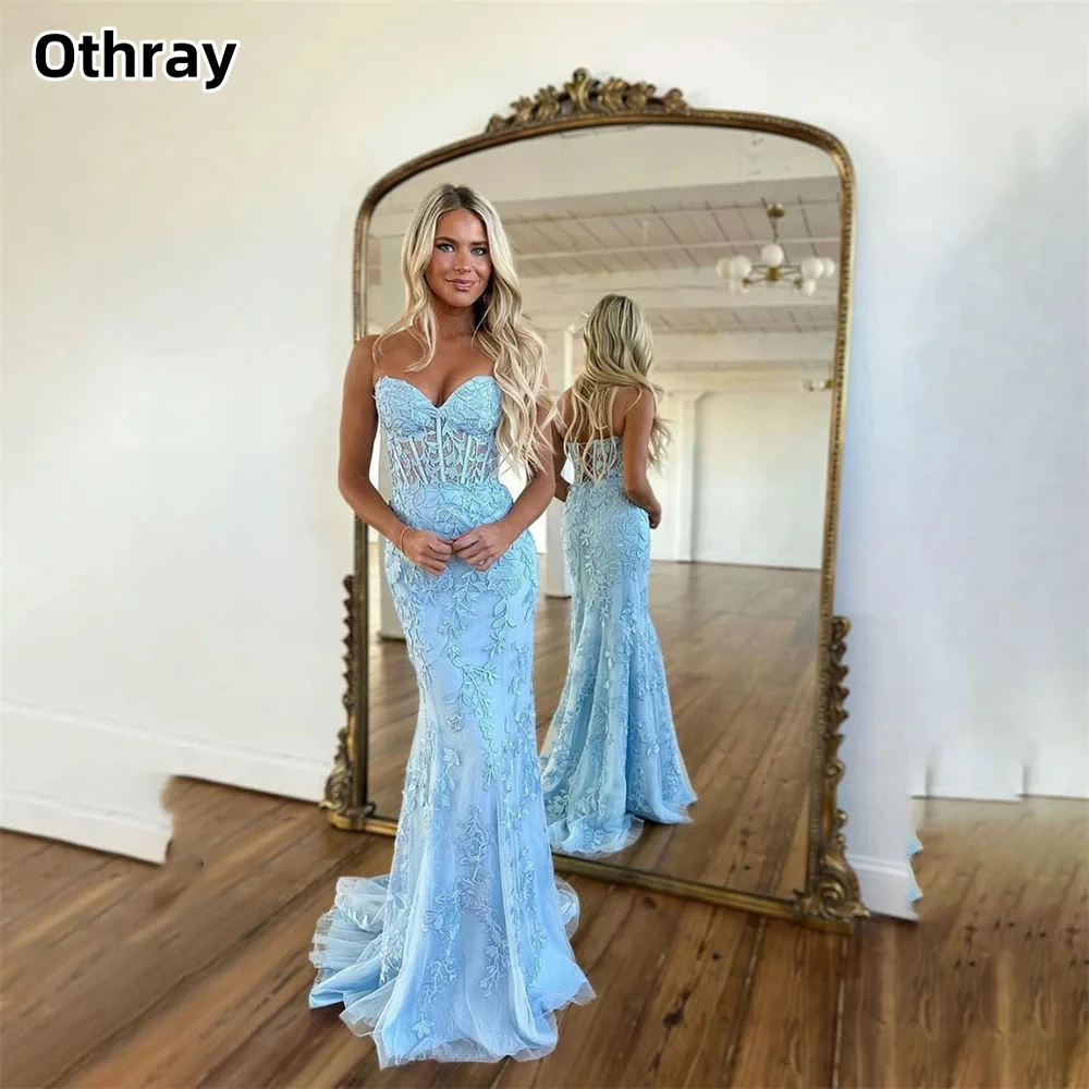 

Othray Appliques Lace Sweetheart Prom Dress Sweep Train Lace Up Back Evening Dress Mermaid Party Dresses vestidos de noche