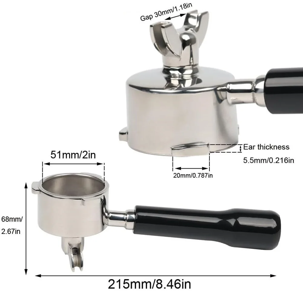 51mm 3-Ears Bottomless Portafilter for EC680 EC685 EC785 EC820 EC850 EC860 304 SS Body ABS Handle 2-Spout Design
