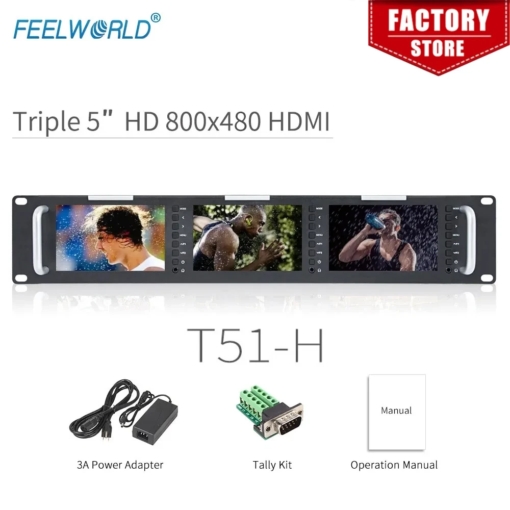 Feelworld T51-H Triple 5 inch 2RU Leightweight HDMI Broadcast Monitor LCD TFT 800x400 HDMI AV Rack Mount Monitor for Broadcastin