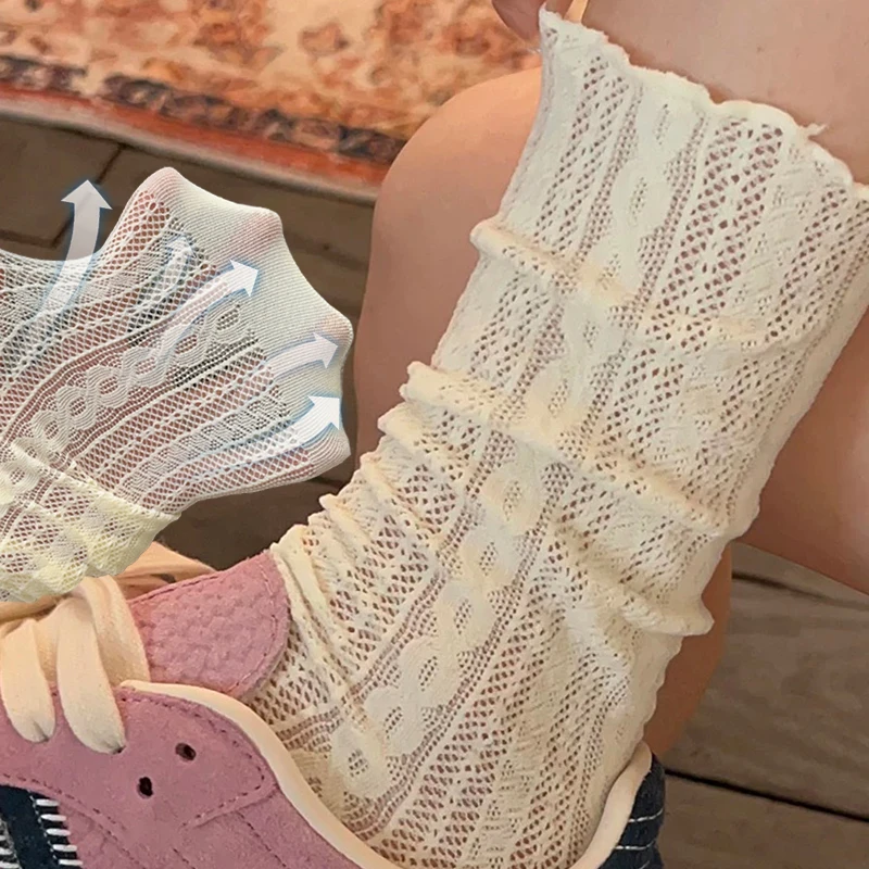 

Модные сетчатые белые милые кружевные носки для женщин и девочек, новые однотонные ажурные тонкие чулки, дышащие носки в стиле Лолиты средней длины