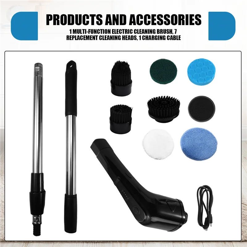 فرشاة تنظيف كهربائية لاسلكية قوية مع تمديد قابل للتعديل ومقبض طويل رؤوس فرشاة قابلة للاستبدال-A77G