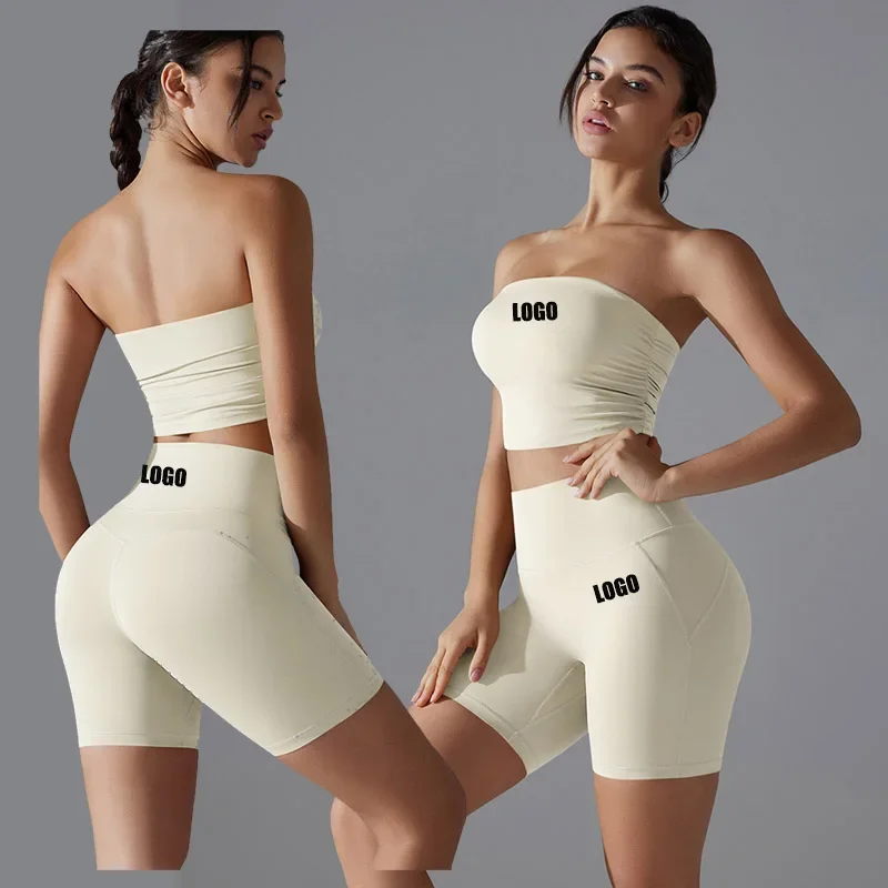 Custom LOGO women's new one-piece sports anti-light tube top yoga clothes bottoming fitness shorts two-piece set