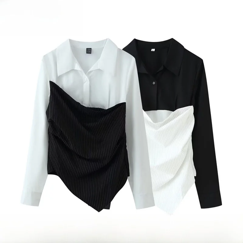 

Spring Summer New Arrival Women's Fashionable Striped Patchwork Color Collar Long Sleeve Shirt Loose Fit Polyester Fiber