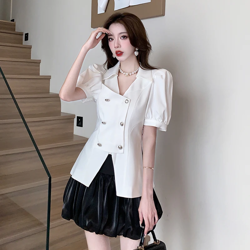 Conjunto elegante de manga curta com casaco crop top e minissaia feminino, moda coreana, senhora do escritório, casual, verão, festa, 2 peças