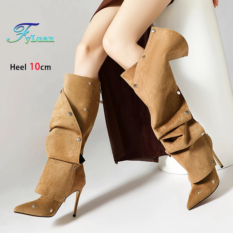 Sepatu Bot Runcing Musim Gugur Musim Dingin Stiletto 10CM Sepatu Wanita Modis Sepatu Bot Setinggi Lutut Merah Hak Tinggi Tipis Model Eropa dan Amerika