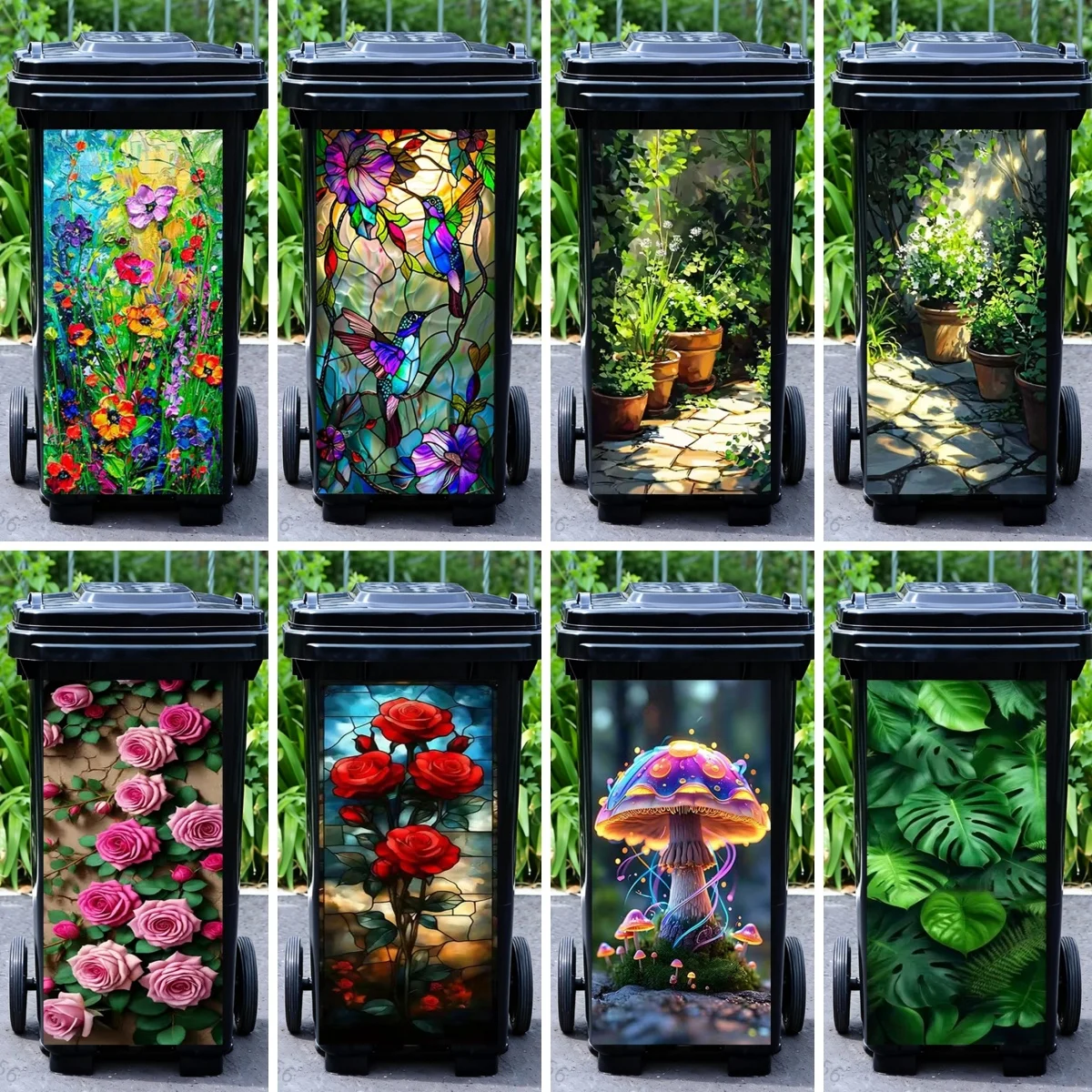 Adesivos Decorativos para Lixeira com Pintura de Paisagem Vegetal, Flores, Cogumelos e Selva, Adesivos de PVC Impermeáveis para Lixeira Externa