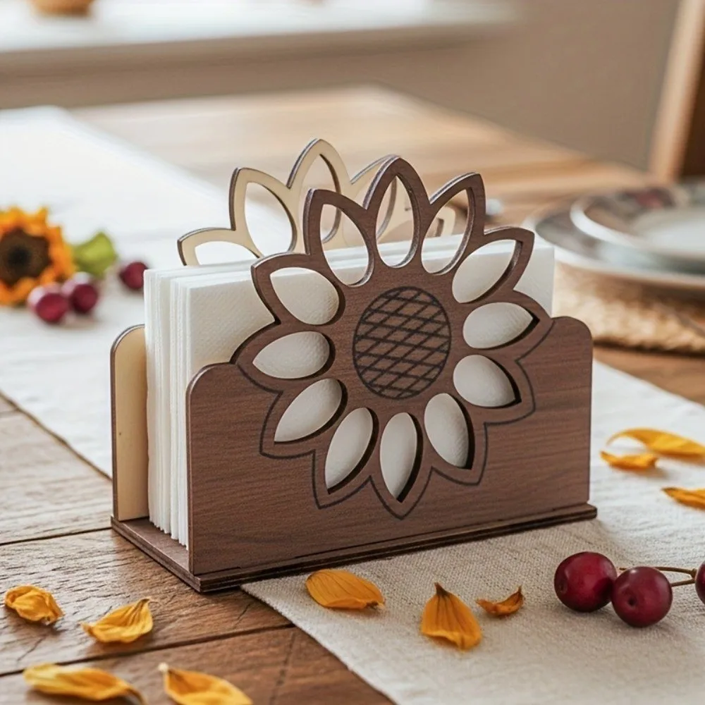 

Retro Style Wooden Sunflower Napkin Holder Detachable Decorative Napkin Storage Box Cute Animal Shaped Business Card Stand