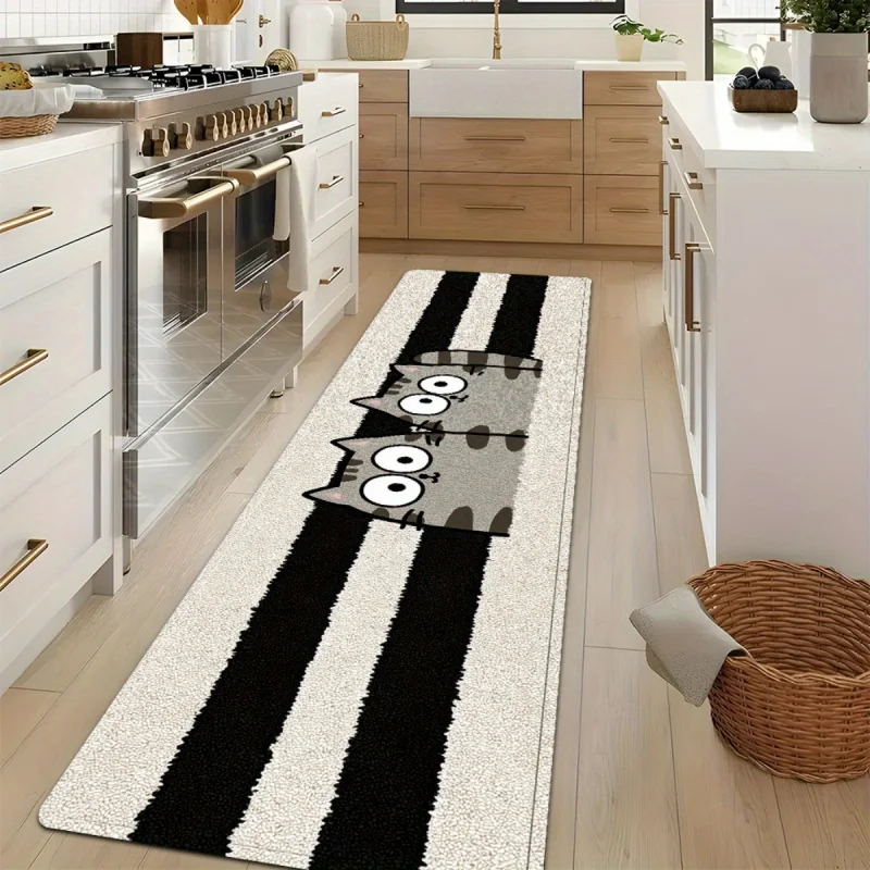 VIKAMA Black and White Striped Cat Pattern Bathroom Mat Noise-Reducing Anti-Slip Bathroom Rug Hallway Corridor Carpet Home Decor