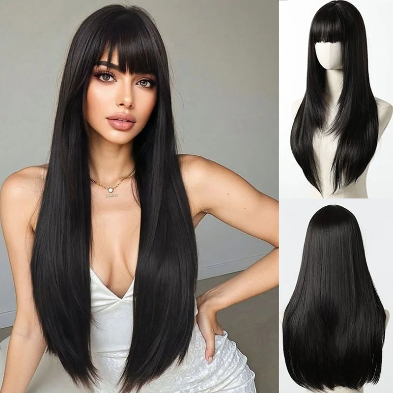 

European and American fashion bangs long straight hair ladies full wig with soft natural look black synthetic fiber wig